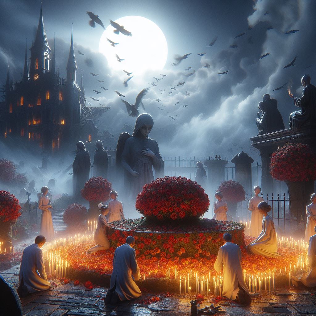 “A solemn tribute under a full moon with silhouetted figures around a floral memorial, set against a gothic building backdrop.