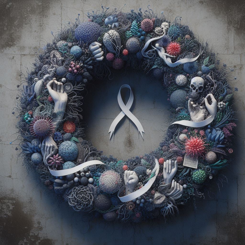 A haunting wreath of remembrance with muted flowers and a treble clef centre, symbolizing the lost voices of medical gaslighting victims, set against a foggy graveyard backdrop.