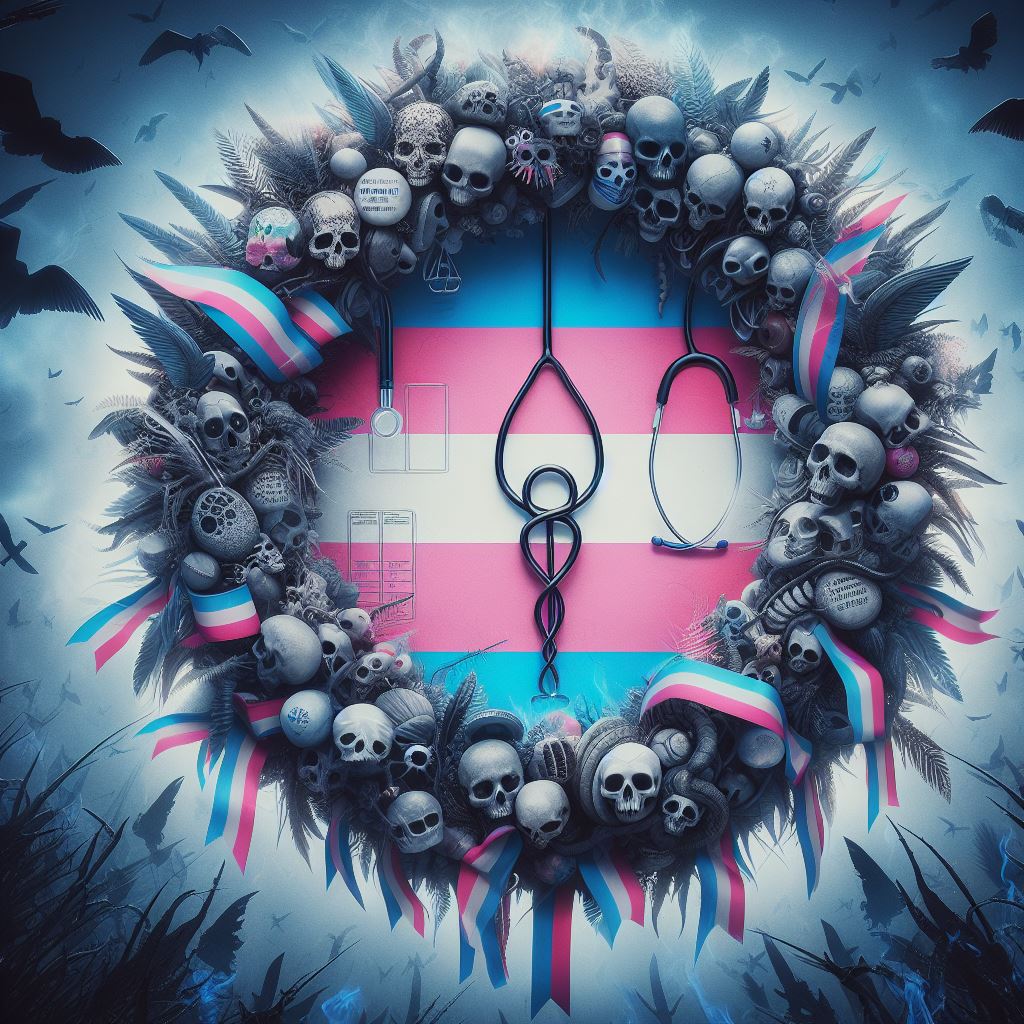 A wreath of remembrance for victims of medical gaslighting, featuring skulls and bones with trans flag-colored ribbons and a central stethoscope infinity loop, set against a backdrop of flying birds and clouds.