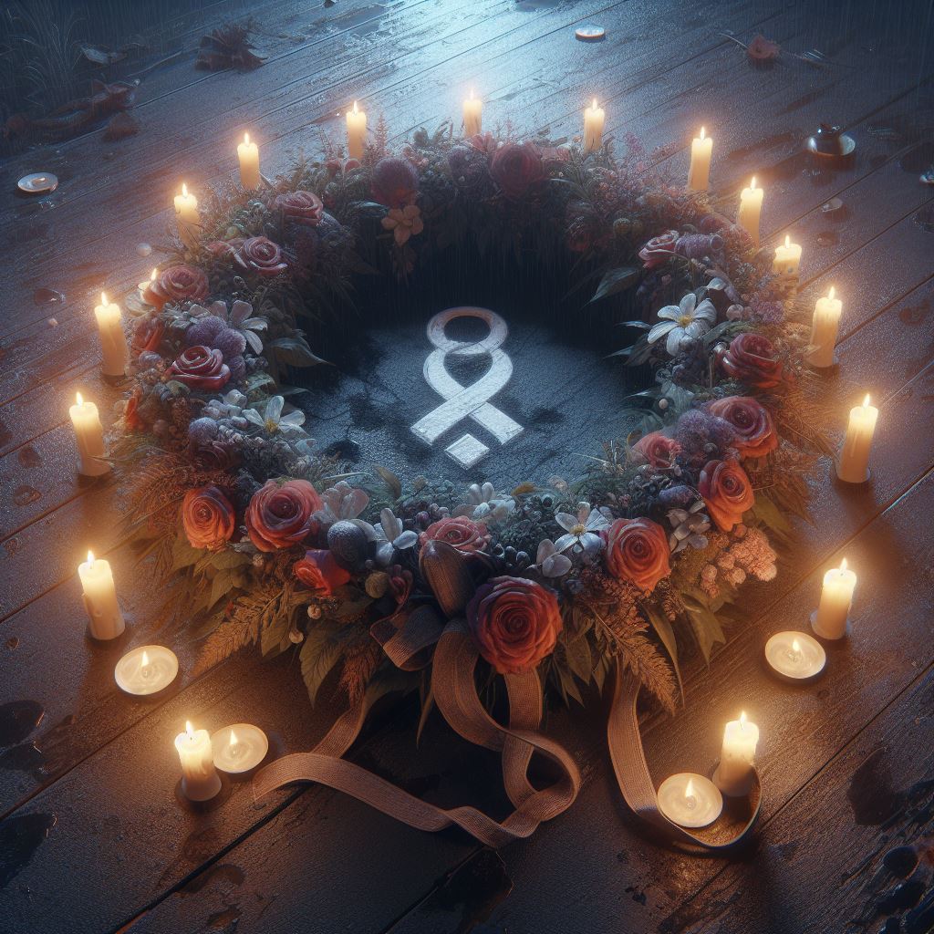 Wreath of remembrance with red roses and candles on a dark wooden surface, centered by a white ribbon ampersand symbol, evoking a haunting atmosphere.
